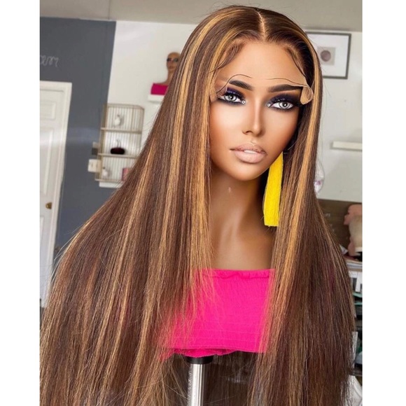 Brown Highlight Human Hair Brazilian Lace Front Wig 18”